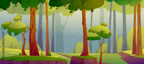 Cartoon forest background, nature landscape with deciduous trees, green grass, trunks silhouettes and ground path. Scenery view, summer or spring wood pc game parallax effect, vector illustration