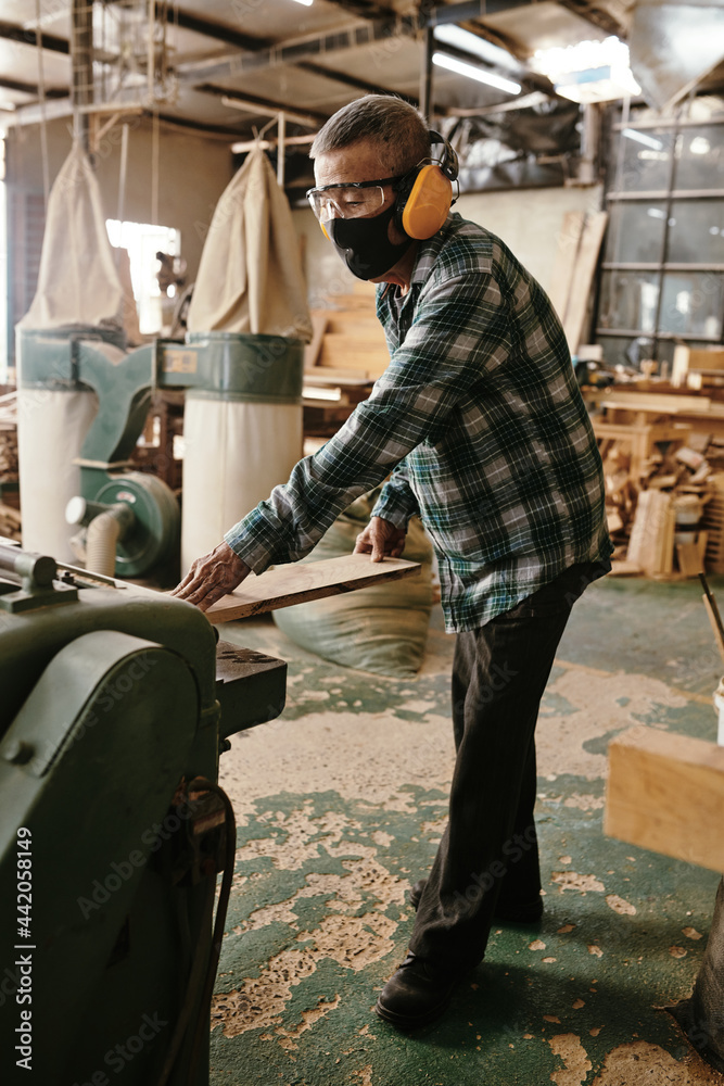 Aged carpenter in protective mask and earmuffs putting pine wooden board in thickness planer on workbench