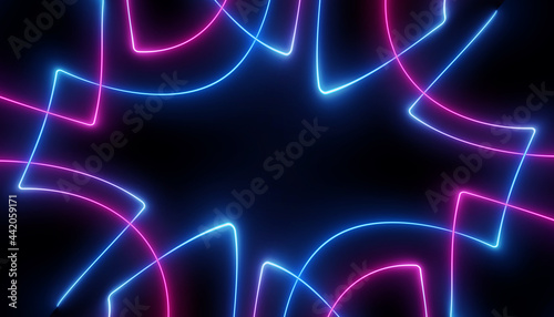 neon blue pink futuristic ultraviolet energy curvy glowing lines laser tunnel Sci-Fi black high resolution background with space for text or logo