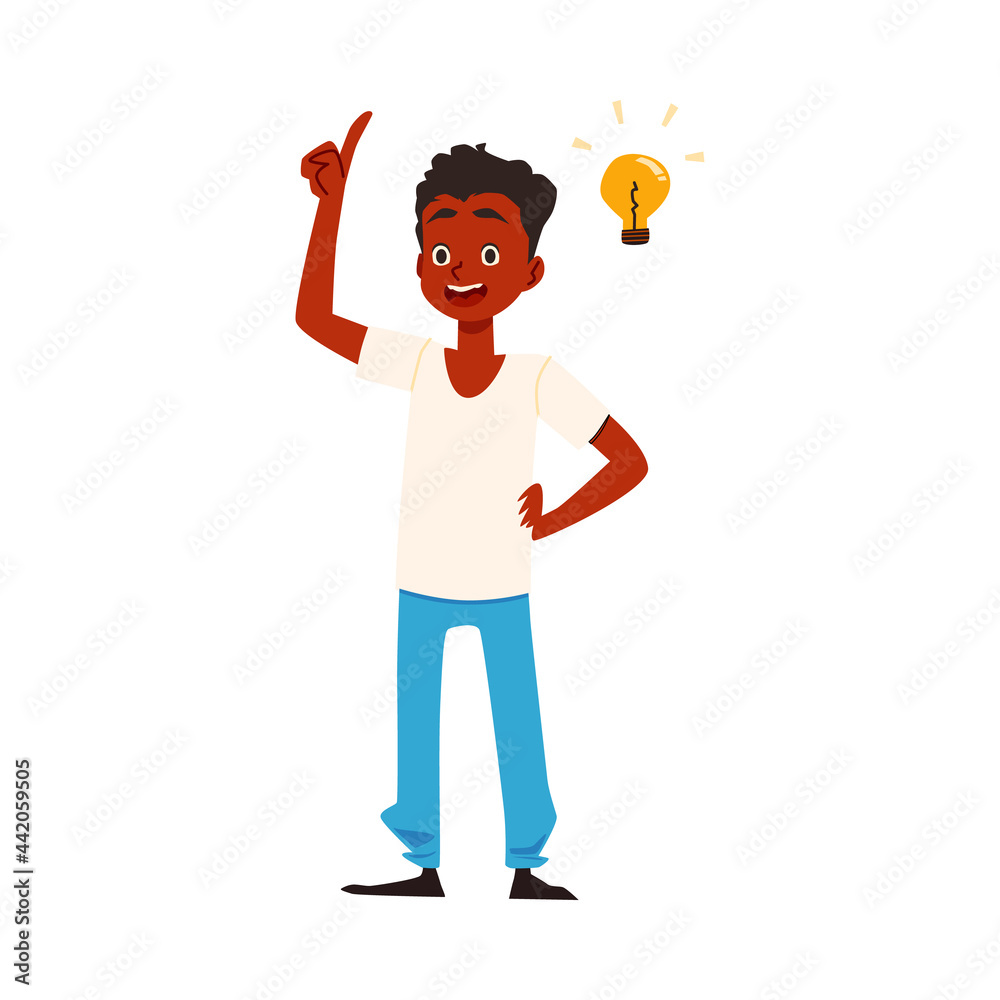 African American boy inspired by good idea, flat vector illustration isolated. African American boy inspired by good idea, flat vector illustration isolated.