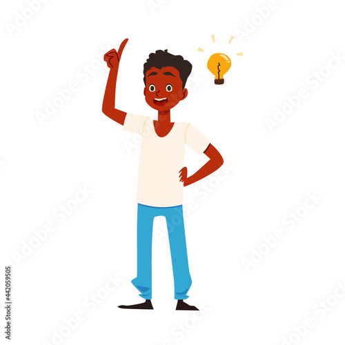 African American boy inspired by good idea, flat vector illustration isolated.