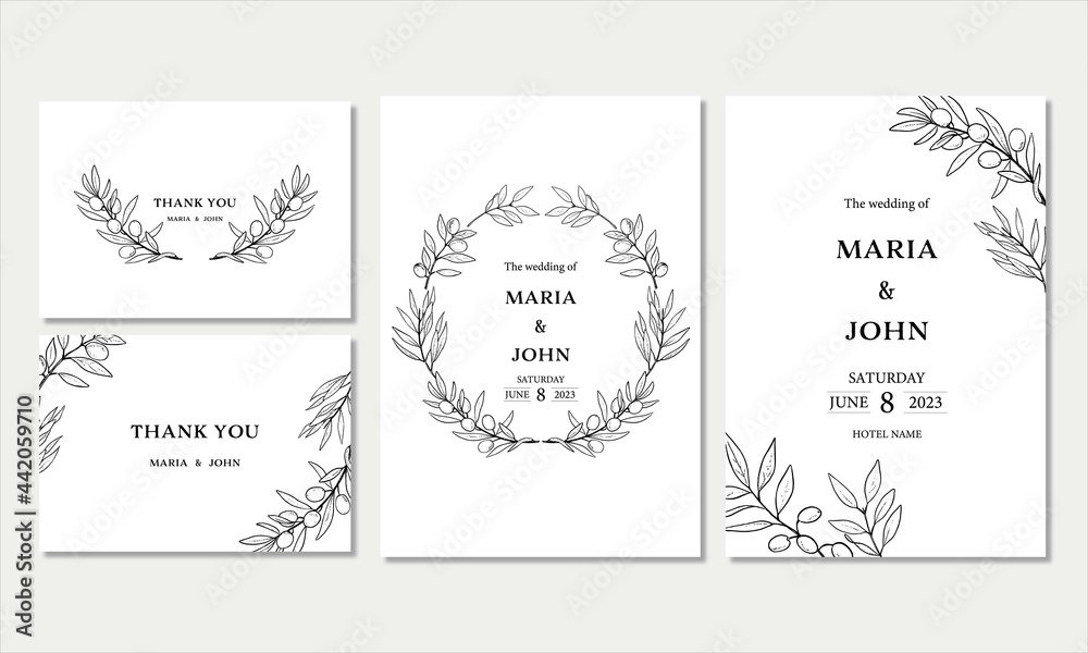 手描きのオリーブのデザインカードテンプレート、結婚式の招待状、手紙、グリーティングカードセット