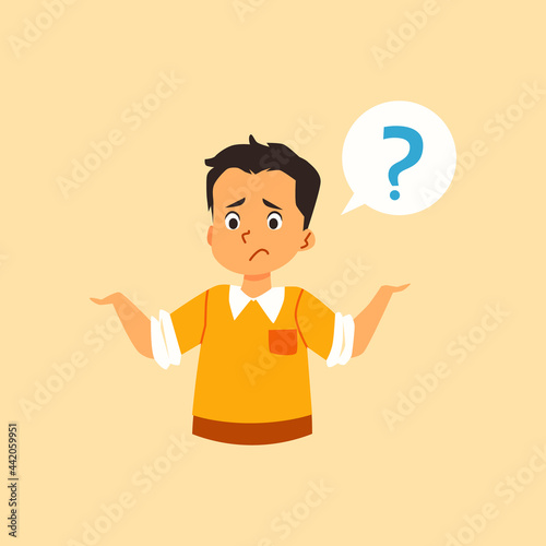 Child has question and throws up hands asking, flat vector illustration isolated.