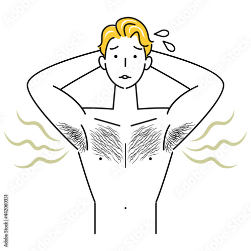 自分の不快な脇の下の臭い(わきが)に気づき困る可愛い男性 イラスト シンプル ベクター