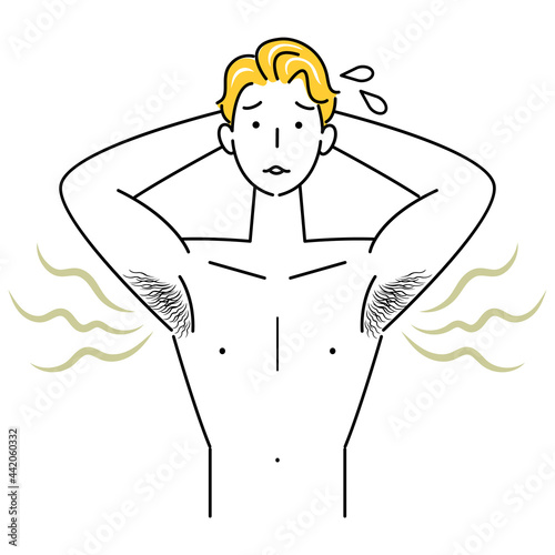 自分の不快な脇の下の臭い(わきが)に気づき困る可愛い男性 イラスト シンプル ベクター