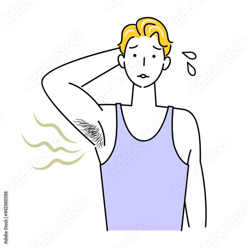 自分の不快な脇の下の臭い(わきが)に気づき困る可愛い男性 イラスト シンプル ベクター