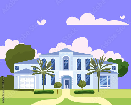 Residential Home Building in landscape tropic trees, palms. House exterior facades front view architecture family modern villa cottage house or mansion apartments. Suburban property