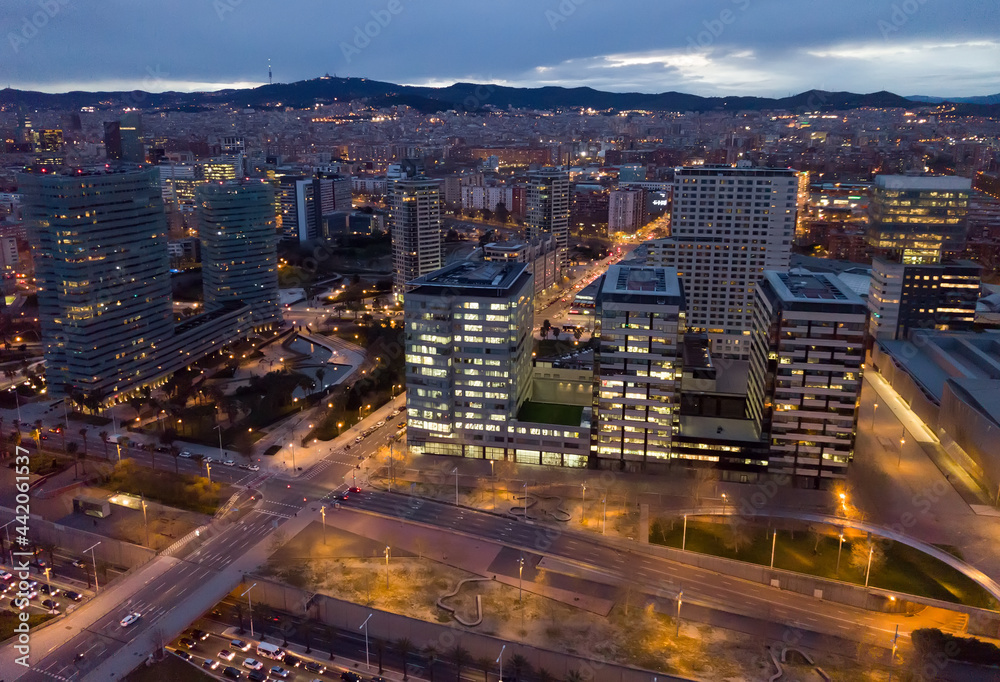 Barcelona cityscape in evening with a modern apartment buildings, Spain