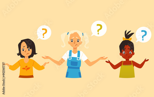 Confused doubting girls having questions, flat vector illustration isolated.