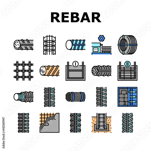 Rebar Construction Collection Icons Set Vector. Threaded And Hardened Steel Fittings, Metal And Basalt Rebar Production, Concrete Floor And Wall Concept Linear Pictograms. Contour Color Illustrations