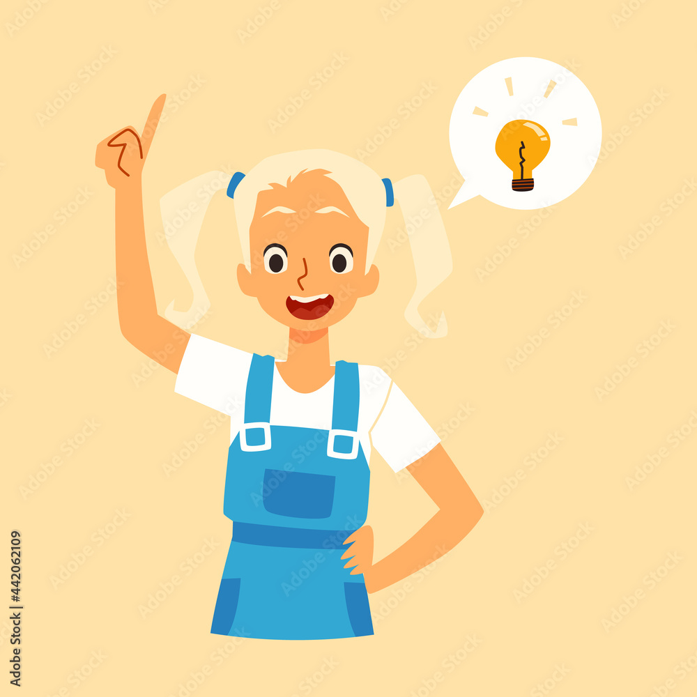 Child girl having decision of puzzle or task, flat vector illustration isolated. Child girl having decision of puzzle or task, flat vector illustration isolated.