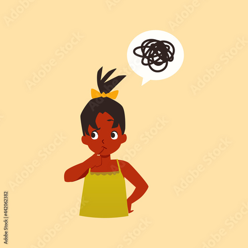 Little kid girl with confusion in think tries solve problem a vector illustration