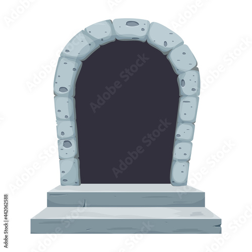 Stone castle arch door, window, comic in cartoon style isolated on white background. Decoration with bricks, medieval empty frame. Ui asset. Vector illustration