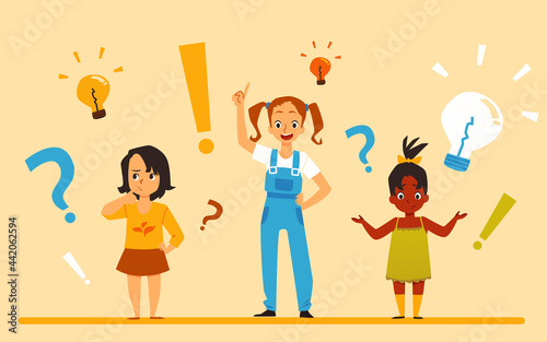 Thinking girls having questions and smart solutions, flat vector illustration.