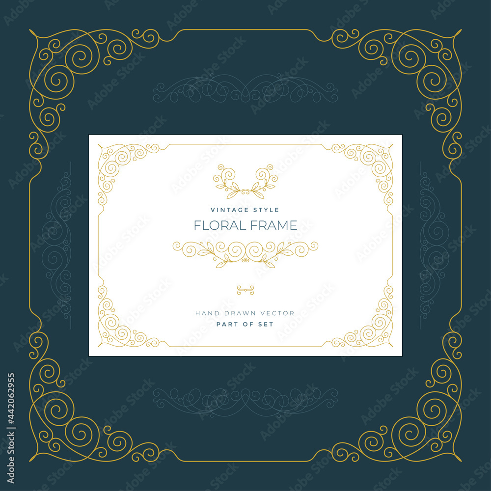 Vintage style floral frame, ornaments and with design elements set. Retro greeting card, invitation, certificate, diploma, label and menu templates. Part of set.