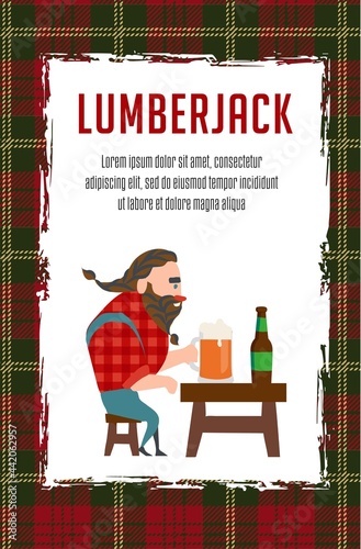 lumberjack drinks beer resting after work, flonel shirt braids beard in braids. Vector illustration for banner, web page, print media. photo