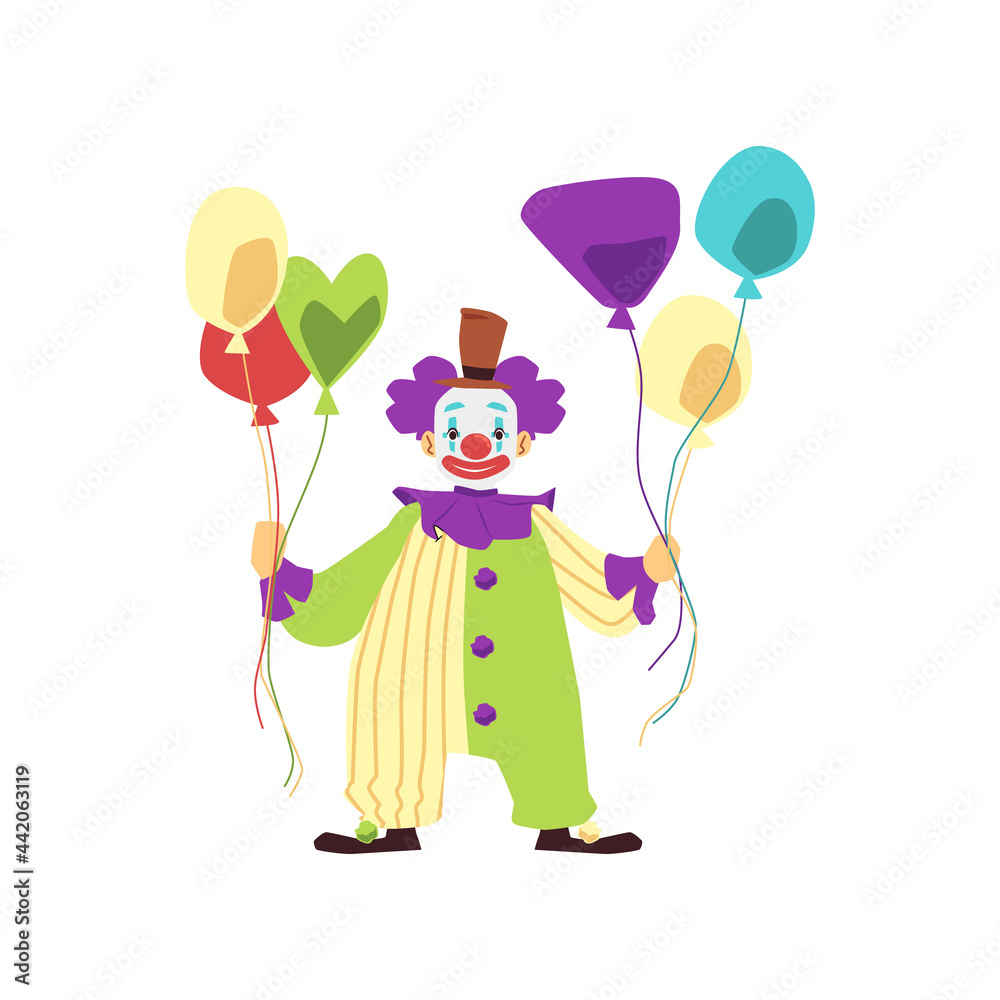 Funny happy clown in colorful costume and makeup hold colorful balloons.