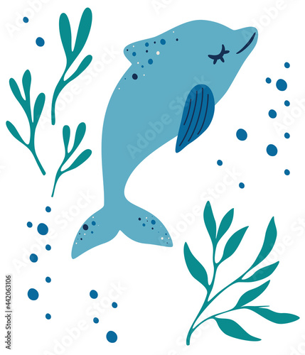 Dolphin and algae. Dolphin Floating Among Sea Weeds. Sea Animal and Wild Underwater Fauna Concept. Marine aquatic mammal animal. Cute Vector flat illustration