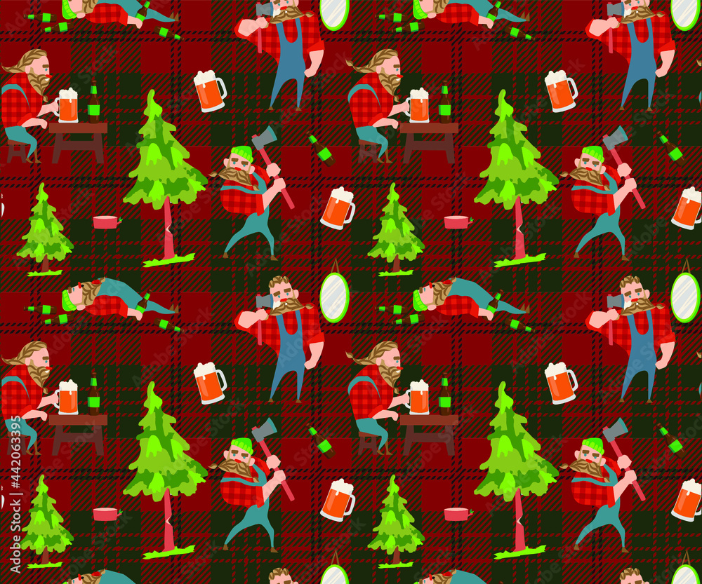 Lumberjack seamless pattern with lumberjack avatar You can use this design to create a poster, t-shirt, pillow, tote bag, case, phone case, etc.
