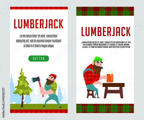 banner lumberjack universal art designs. beer lover lumberjack resting after work in the forest, lumberjack in flonel shirt at work, Suitable for greeting cards, flyers and other graphic designs. photo