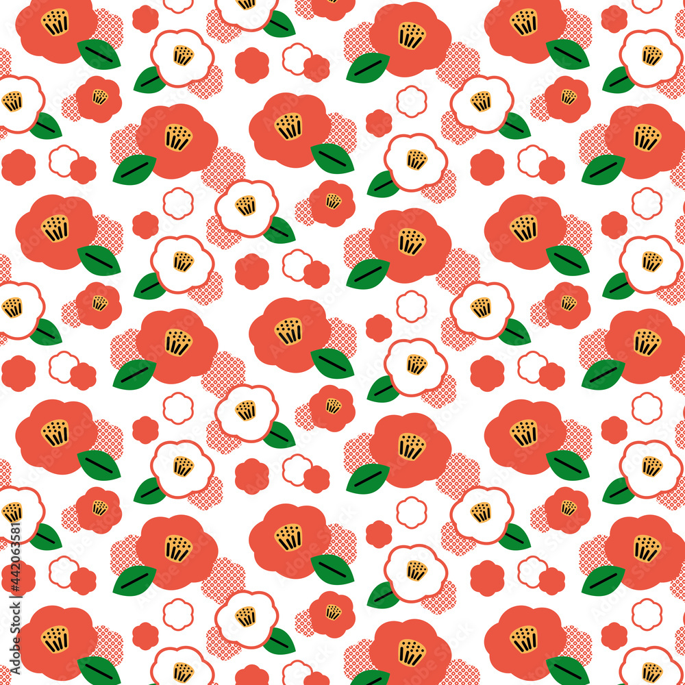 ペン画風 ツバキの花柄 背景素材 白地 Stock Vector Adobe Stock