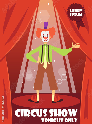 Circus show, festival, entertainment performance with fun clowns a vector poster