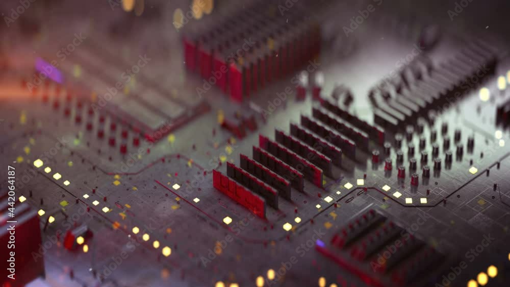Metallic technical plate. Abstract technology design. Seamless loop 3D render animation with shallow DOF