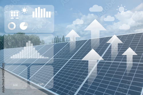 Overelay graphic of information dahsboard template which shown solar panels power generation from sunlight. Renewable energy from nature information with future global energy consumption.