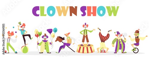 Advertising banner for clown circus show, flat cartoon vector illustration.