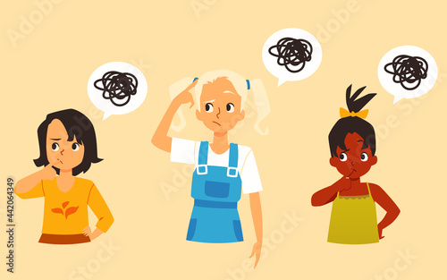 Pensive little girls with confused thoughts, flat vector illustration isolated.