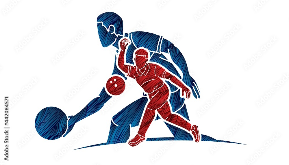 Fototapeta premium Men Playing Bowling Sport Players Bowler Action Cartoon Graphic Vector