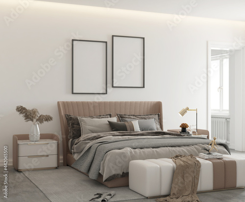Modern Contemporary Bedroom with blank poster frame. 3D Rendering.
