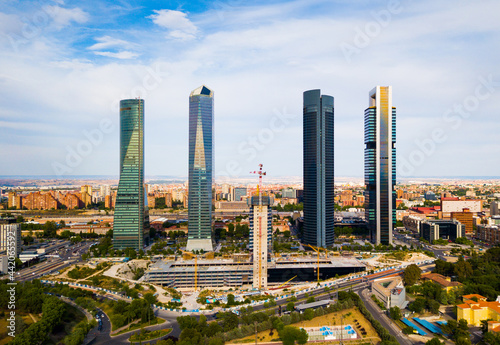 Four business skyscrapers of the business district in Madrid, Spain. High quality photo