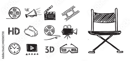 Cinema decorative symbols set, doodle style, vector hand drawn.