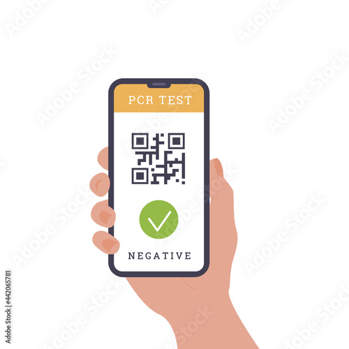 Concept of travelling during Coronavirus. Person holding a phone. An app with QR code as proof of pre-travel PCR swab nasal test. Fit to Fly certificate. Vector flat illustration isolated on white.