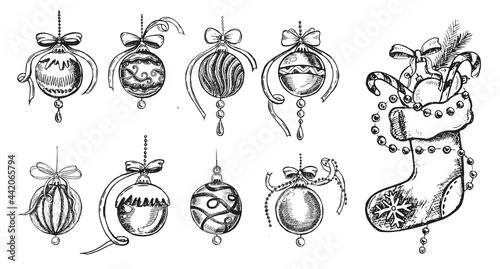 Christmas toys in sketch style. Hand drawn illustration. Vector. 