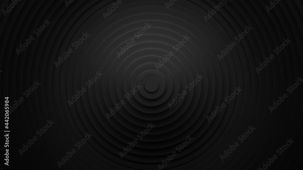 Black abstract geometric background with rings ripple. Seamless loop 3D render animation