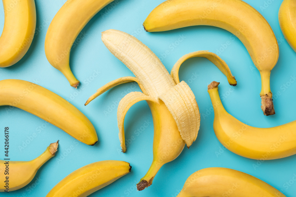 Top view photo of one peeled banana in the middle and scattered unpeeled bananas on isolated pastel blue background