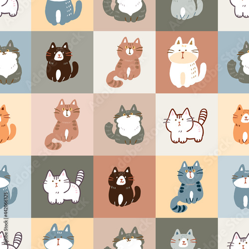 Seamless Pattern with Cartoon Cat Illustration on Colorful Plaid Design