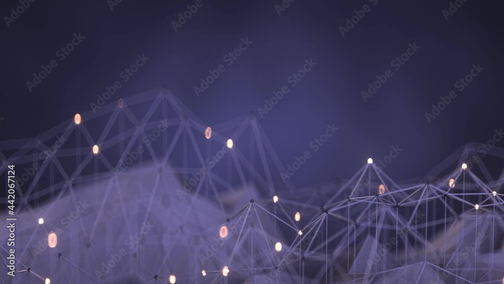 Low poly mesh with glowing spheres. Connection and networking concept. Seamless loop 3D render animation