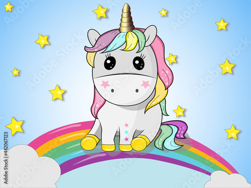 Illustration unicorn sitting on a rainbow