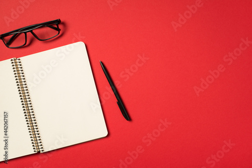 Cuadro en lienzo Top view photo of black glasses pen and open spiral notebook on isolated vivid r