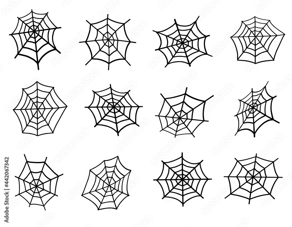 Fototapeta premium Spider Web set. Web for Halloween, a scary, ghostly, spooky element for design on Halloween. Vector illustration in Doodle style