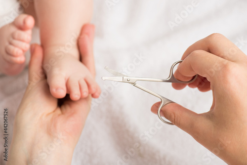 Closeup photo of mother's hands holding newborn's feet and baby nail scissors on isolated white blanket background
