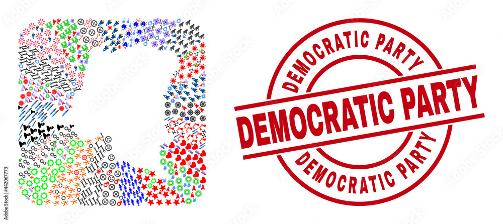 Vector collage Democratic Republic of the Congo map of different symbols and Democratic Party seal stamp. Vector collage Democratic Republic of the Congo map of different symbols and Democratic Party seal stamp.