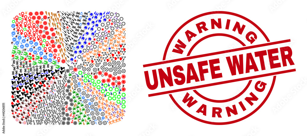 Vector collage Azores Islands map of different pictograms and Warning Unsafe Water stamp. Collage Azores Islands map created as subtraction from rounded square shape. Vector collage Azores Islands map of different pictograms and Warning Unsafe Water stamp. Collage Azores Islands map created as subtraction from rounded square shape.