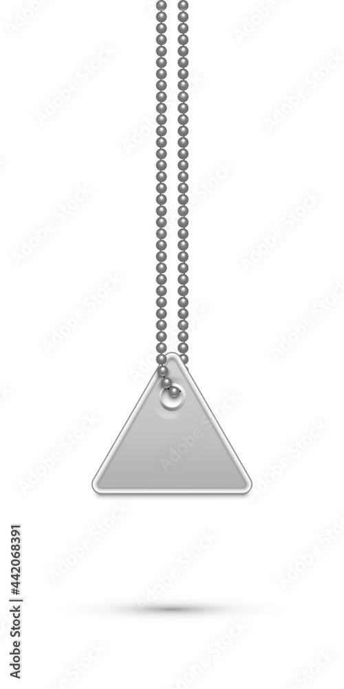 Empty triangle silver military or dogs badge hanging on steel chain. Vector army object isolated on white. Pendant with blank space for identification, blood type in case of death and injury. Empty triangle silver military or dogs badge hanging on steel chain. Vector army object isolated on white. Pendant with blank space for identification, blood type in case of death and injury.