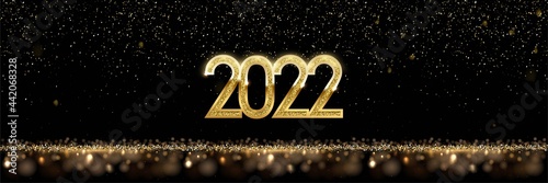 Happy New Year banner vector template. Winter holiday, Christmas congratulations. Festive postcard, luxurious greeting card concept. Gold 2022 number with golden glitter illustration with text space.