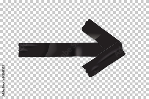 Arrow made of pieces of black adhesive tape isolated on transparent background. Vector realistic duct or masking tape parts