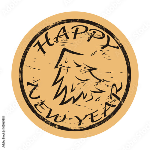 Christmas tree minimal style, vector emblem for new year. Round seal imitation with fir silhouette. Symbol of Christmas and New Year. Vintage grunge icon. Happy new year.